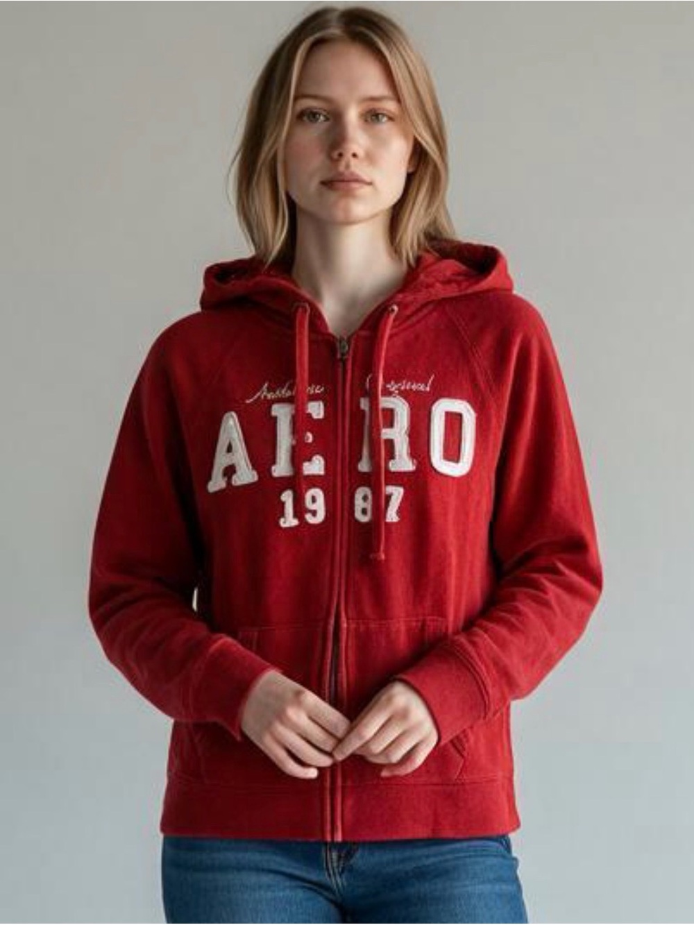 Aeropostale Hoodie AERO 1987 Graphic Full Zip Fleece Raglan Red Women’s Size M